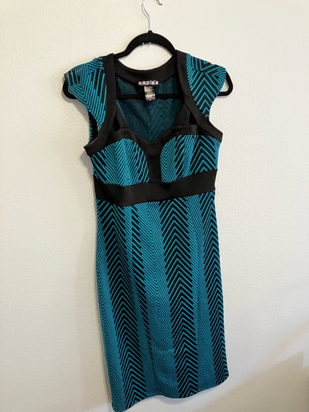 Paper Doll Patterned Black and Aqua Pencil Dress